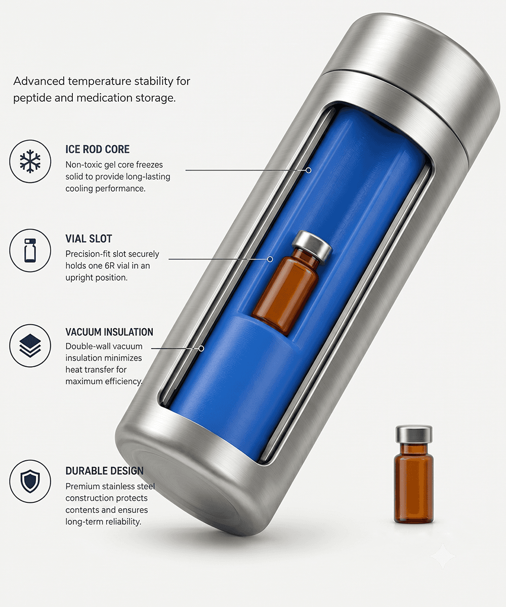 MedThermal bottle cutaway showing PCM ice rod inside